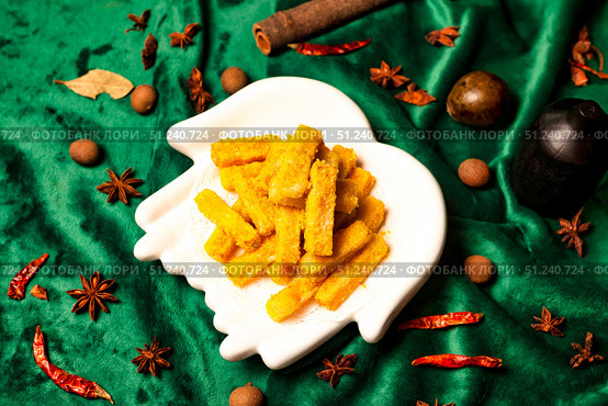 Crispy Golden Sticks Delight on a Decorative Plate in a Food Still Life. Стоковое фото, фотограф Aleksandr Golubev / Фотобанк Лори