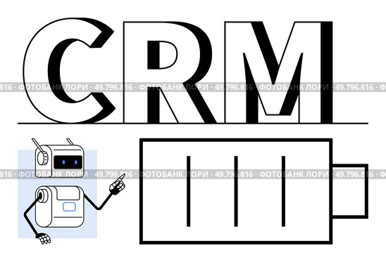 CRM, a friendly AI robot pointing, and a battery charging symbol. Ideal for technology, customer relationship management, automation, efficiency, artificial intelligence, business tools, and energy. CRM and AI Robot Enhance Efficiency with Power Charging Symbol. Стоковая иллюстрация, агентство Ingram Publishing / Фотобанк Лори