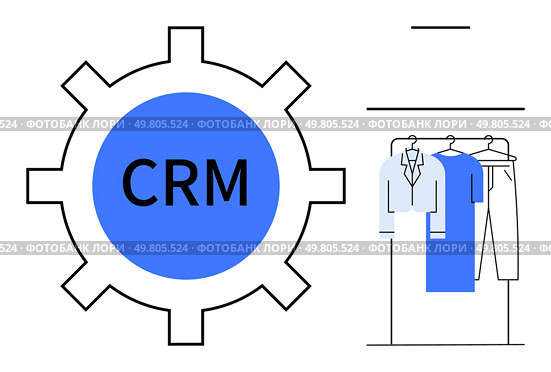 CRM gear icon beside a clothing rack with three hanging garments a shirt, dress, and pants. Ideal for retail management, clothing stores, customer relationship, inventory tracking, fashion. CRM gear icon next to clothing rack with shirts and pants highlighting retail business management. Стоковая иллюстрация, агентство Ingram Publishing / Фотобанк Лори