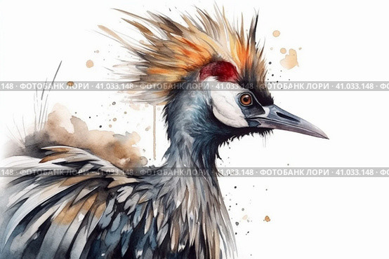 Crowned crane on a white background, watercolor style, Generative AI. Стоковое AI-изображение, AI-художник Анна Кривицкая / Фотобанк Лори