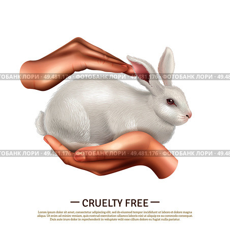 Cruelty free design concept with little cute rabbit in human hands as symbol of animals protection realistic vector illustration . Cruelty Free Design Concept . Стоковая иллюстрация, агентство Ingram Publishing / Фотобанк Лори