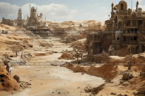 Crumbling city in sandy desert ravaged by time and elements. Стоковое AI-изображение, AI-художник Иван Рябоконь / Фотобанк Лори
