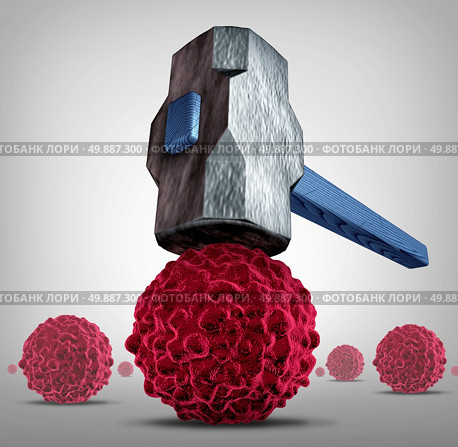 Crush cancer concept as a heavy sledgehammer or hammer crushing and smashing,a cancerous cell as a health care medical symbol for a research or pharmaceutical cure to fight the dangerous disease with life saving treatments. Стоковое фото, агентство Ingram Publishing / Фотобанк Лори