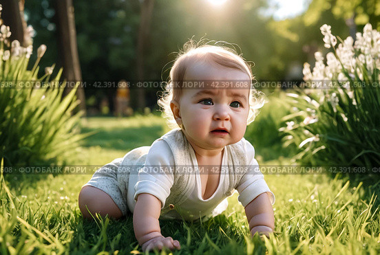 Crying unhappy baby girl crawling in green grass lawn summer urban park, sad depressed. Sorrowful kid creeping in city springtime season. Concept of childhood and baby health care. Copy text space. Стоковое AI-изображение, AI-художник Aleksandr Golubev / Фотобанк Лори