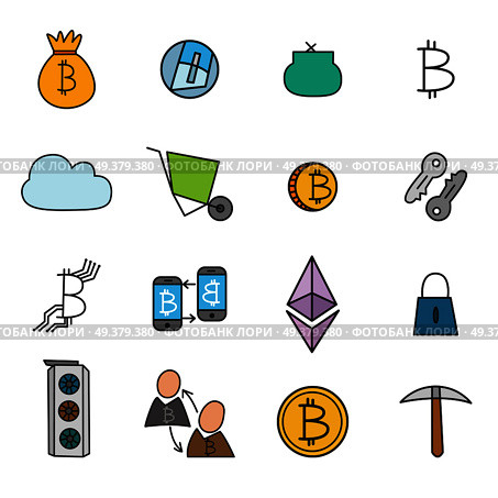 Cryptocurrency set of doodle icons with bitcoin and ethereum, wallet, mining elements, transaction security isolated vector illustration. Cryptocurrency Doodle Icons Set. Стоковая иллюстрация, агентство Ingram Publishing / Фотобанк Лори
