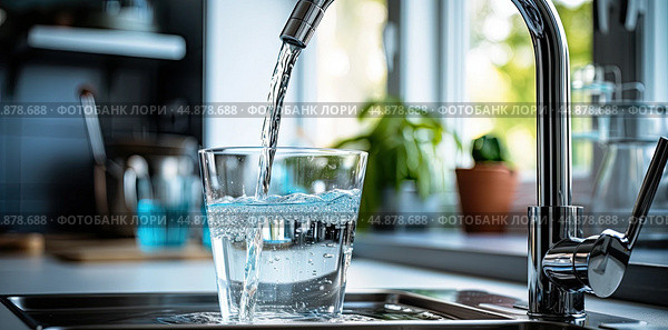 Crystal clear osmosis water poured into a glass in a modern kitchen. Стоковое AI-изображение, AI-художник Ярославский Максим / Фотобанк Лори