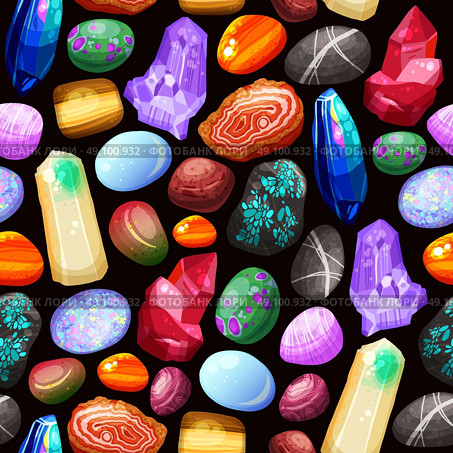Crystals Stones Rocks Seamless Pattern. Seamless pattern with shiny crystals stones and rocks of various shape size and color on black background cartoon vector illustration. Стоковая иллюстрация, агентство Ingram Publishing / Фотобанк Лори