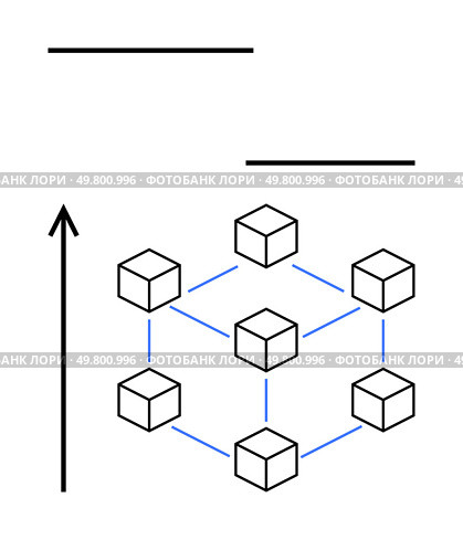 Cubes interconnected by lines surrounded by an upward arrow. Ideal for technology, decentralization, blockchain, growth, innovation, networking, scalability themes. Line metaphor. Blockchain Network Concept with Cubes and Connecting Lines Illustrating Decentralization and Growth. Стоковая иллюстрация, агентство Ingram Publishing / Фотобанк Лори