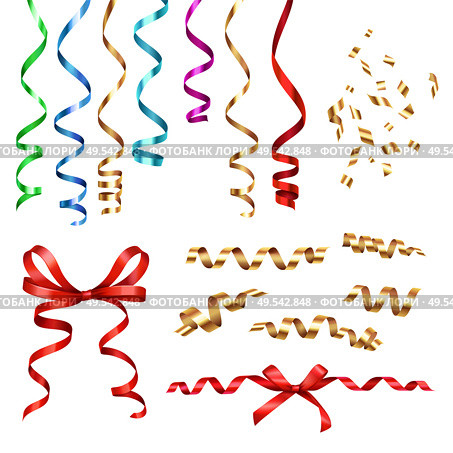 Curled ribbons serpentine realistic collection with isolated images of festive ribbons of different shape and colour vector illustration. Стоковая иллюстрация, агентство Ingram Publishing / Фотобанк Лори