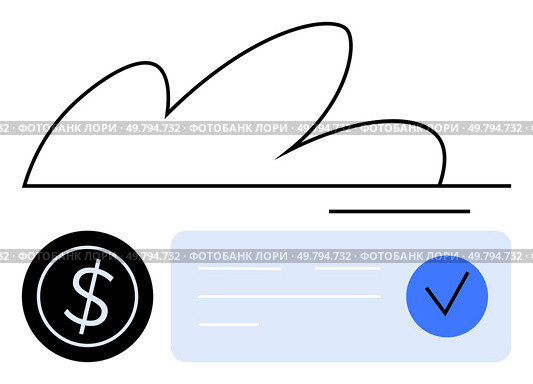 Currency symbol inside black circle, check mark inside blue circle, abstract cloud and line. Ideal for finance, banking, transactions, secure payments, mobile apps, online services cloud computing. Financial transaction approved concept with dollar and check mark icons symbolizing successful payment. Стоковая иллюстрация, агентство Ingram Publishing / Фотобанк Лори