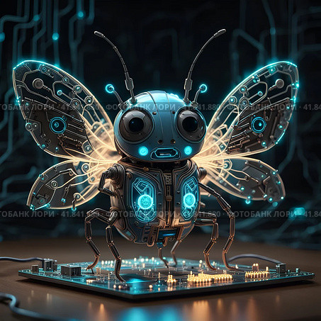 Cute adorable robot on glowing bioluminescent circuit board, bug with glowing wings, glowing wires inside. Стоковое AI-изображение, AI-художник Lydmila Salnikova / Фотобанк Лори