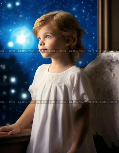 Cute baby angel on Christmas night. Carnival Christmas costume. Christmas card. Стоковое AI-изображение, AI-художник Сергей Елизарьев / Фотобанк Лори