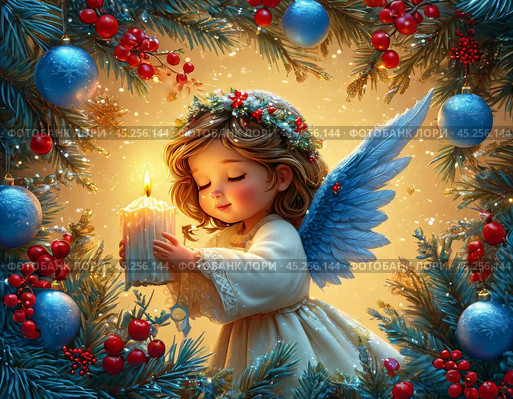 Cute baby angel on Christmas night. Christmas card. Стоковое AI-изображение, AI-художник Сергей Елизарьев / Фотобанк Лори