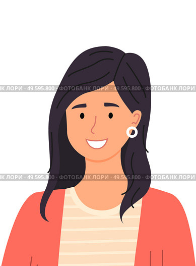 Cute brunette hispanic girl, smiling woman with earrings, avatar of pretty female, cheerful lady smile isolated at white. Spanish adult woman, multicultural concept. Different nationality people. Cute brunette hispanic girl, smiling woman with earrings, avatar of pretty female, cheerful lady. Стоковая иллюстрация, агентство Ingram Publishing / Фотобанк Лори