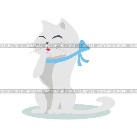 Cute Cartoon Cat with Blue Ribbon. Cute cartoon cat with blue ribbon. The gray cat washes, licks a paw. Cat is washing itself. Cat icon. Pet icon. Isolated vector illustration on white background. Стоковая иллюстрация, агентство Ingram Publishing / Фотобанк Лори