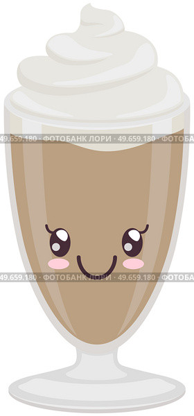 Cute coffee latte with froth and syrup sticker kawaii icon vector design. Adorable hot drink in glass with positive emotion, japanese, oriental culture symbol anime, innocence and childishness. Cute coffee latte with froth and syrup sticker kawaii. Hot drink in glass with positive emotion. Стоковая иллюстрация, агентство Ingram Publishing / Фотобанк Лори