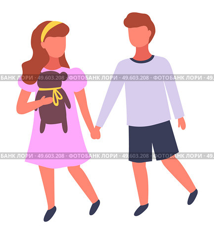 Cute couple of children. Little girl wearing pin dress holding teddy bear in hand, with hairstyle, holding hands with boy in shorts. Isolated kids, childhood, friends. Faceless cartoon characters. Cute couple of children, little girl wearing pin dress with teddy bear holding hands with boy. Стоковая иллюстрация, агентство Ingram Publishing / Фотобанк Лори