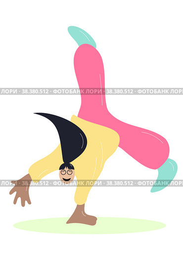 Cute disproportionate flat and simple illustration of a girl cartoon character doing acrobatics and standing vise versa on one hand. Small head and huge body. Minimal illustration on white. Стоковая иллюстрация, иллюстратор Вера Беркович / Фотобанк Лори
