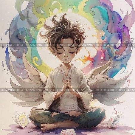 Cute fairy boy with pointy ears sitting in lotus position and meditating. The boy has long, tousled hair and looks calm and peaceful. A multi-colored glow shines around it, creating a magical and fantastic atmosphere. Next to him is a small fantastic creature that resembles a dragon. Playing cards are scattered around, adding illusory and fabulousness to the scene. The image is made in soft pastel colors and has bright accents. Стоковое AI-изображение, AI-художник Анна Кривицкая / Фотобанк Лори