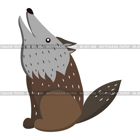 Cute funny grey howling wolf vector flat cartoon sticker isolated on white. Wild predatory animal illustration for game counters, price tags. Cute Wolf Cartoon Flat Vector Sticker or Icon. Стоковая иллюстрация, агентство Ingram Publishing / Фотобанк Лори