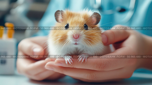 Cute golden hamster being gently held by a veterinarian, close-up showing care, trust and the bond between humans and small pets in a clinical setting. Стоковое AI-изображение, AI-художник Катерина Бондарец / Фотобанк Лори
