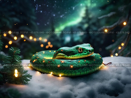 Cute green snake, symbol of 2025 according to the eastern calendar. The snake symbolizes wisdom, vitality, immortality, and healing powers. New Year card. Стоковое AI-изображение, AI-художник Сергей Елизарьев / Фотобанк Лори