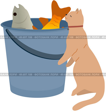 Cute kitty sitting near bucket of fish vector illustration. Cat, shorthair kitten, domestic animal looking at catch. Fluffy pet friend with collar smelling fishes. Caring for animals, pets concept. Cute kitty sitting near bucket of fish. Cat, shorthair kitten, domestic animal looking at catch. Стоковая иллюстрация, агентство Ingram Publishing / Фотобанк Лори