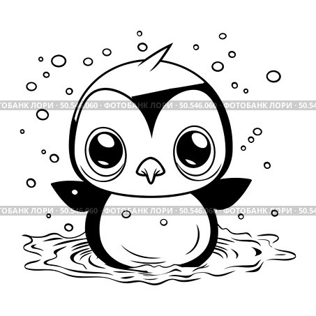 Cute penguin swimming in the water. Black and white vector illustration. Стоковая иллюстрация, агентство Ingram Publishing / Фотобанк Лори