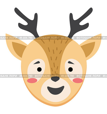 Cute simple animal deer head, cartoon wildlife character with horns portrait isolated on white background. Antelope smiling face flat vector illustration hand drawing natural mammal symbol. Cute simple animal deer head, cartoon wildlife character with horns portrait isolated on white. Стоковая иллюстрация, агентство Ingram Publishing / Фотобанк Лори