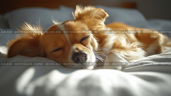 Cute small dog peacefully sleeping on a cozy bed in warm sunlight. Милая маленькая собачка мирно спит на уютной кровати в теплых солнечных лучах. Стоковое AI-изображение, AI-художник Katsiaryna Repich / Фотобанк Лори