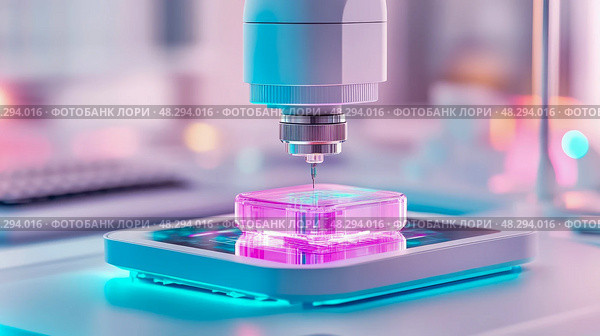 Cutting-Edge Technological Precision: Close-up of a Nano-Scale 3D Printing Process. Стоковое AI-изображение, AI-художник Данила Большаков / Фотобанк Лори