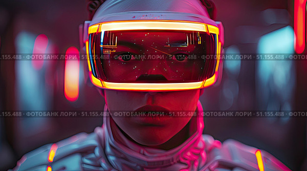 Cyber gamer in VR glasses plays virtual reality game in neon futuristic space. Cyberpunk fashion gaming concept. Young man in metaverse VR virtual game playing concept. Стоковое AI-изображение, AI-художник Ирина Михайличенко / Фотобанк Лори