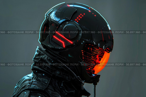 Cyberpunk biker wearing protective futuristic glowing helmet with red lights. Стоковое AI-изображение, AI-художник Иван Рябоконь / Фотобанк Лори