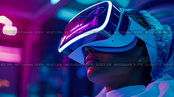 Cyberpunk Immersion: Woman Exploring Virtual Realm with Futuristic Headset, a concept for tech advertising, gaming promotion, digital world integration. Стоковое AI-изображение, AI-художник Данила Большаков / Фотобанк Лори