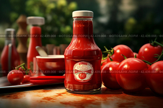 Cylindrical Glass bottle ketchup. Generate Ai. Стоковое AI-изображение, AI-художник Иван Рябоконь / Фотобанк Лори