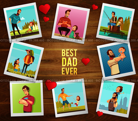 Dad day composition on wooden background with hearts text and polaroid photographs of father and son vector illustration. Best Father Ever Composition. Стоковая иллюстрация, агентство Ingram Publishing / Фотобанк Лори