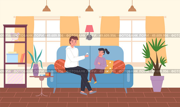 Dad treats a little child. Girl takes pills in the apartment. Sick people spend time at home. Female character having a cold and sitting on the sofa. Kid is being treated for flu with special pills. Dad treats a little child. Girl takes pills in the apartment. Sick people spend time at home. Стоковая иллюстрация, агентство Ingram Publishing / Фотобанк Лори
