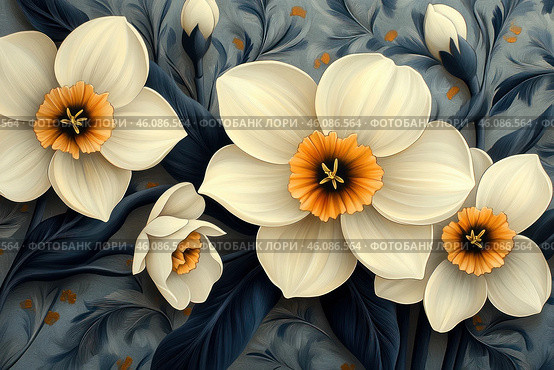Daffodils with creamy white petals and a bright orange center. The painting is done in an artistic style with detailed texture, creating a hand-painted effect. The background is dark blue with patterned leaves and small gold accents, which gives the image depth and sophistication. The composition is balanced, the flowers are dynamically arranged, creating a harmonious combination of natural aesthetics and art. Стоковое AI-изображение, AI-художник Анна Кривицкая / Фотобанк Лори