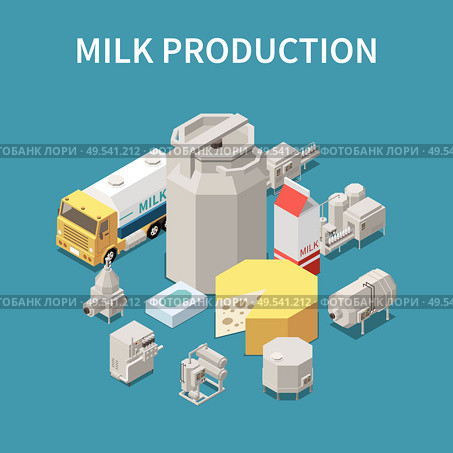 Dairy production concept with milk packaging and transportation symbols isometric vector illustration. Стоковая иллюстрация, агентство Ingram Publishing / Фотобанк Лори
