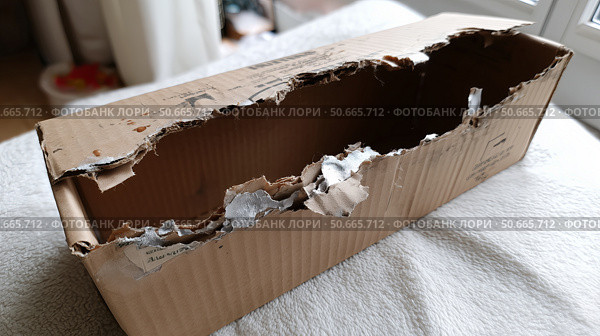 Damaged cardboard box found in living room after delivery mishap. Стоковое AI-изображение, AI-художник Katsiaryna Repich / Фотобанк Лори