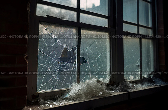 Damaged vandalized window glass. Generate ai. Стоковое AI-изображение, AI-художник Иван Рябоконь / Фотобанк Лори