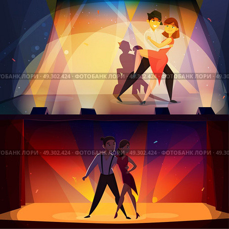 Dance Banners Set Retro Cartoon . Salsa and tango onstage 2 retro cartoon banners with dancing pairs in spotlights nostalgic poster isolated vector illustration . Стоковая иллюстрация, агентство Ingram Publishing / Фотобанк Лори