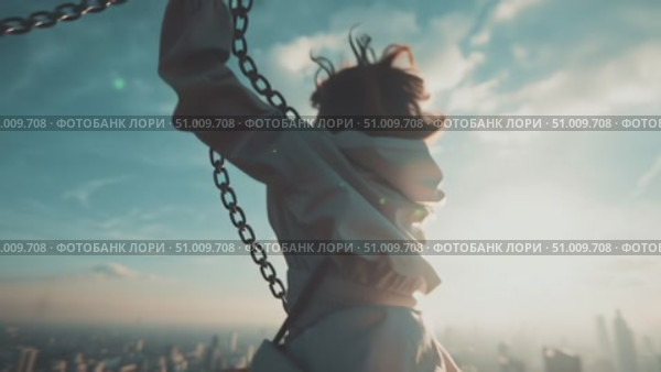 Dancer performs with chains as sunlight and wind create dynamic atmosphere at coastal location. Стоковое AI-видео, аниматор Сергей Толмачёв / Фотобанк Лори