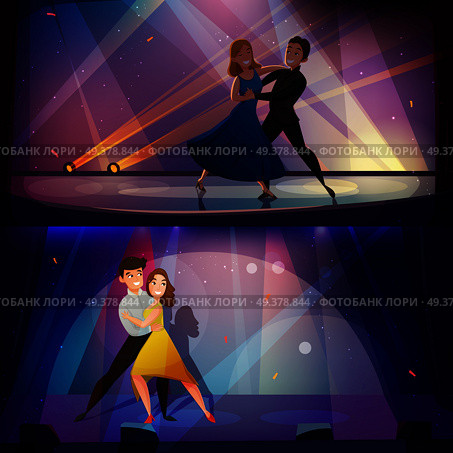 Dancing pair onstage 2 retro cartoon banners with professional performers in spotlights nostalgic poster isolated vector illustration . Dance Banners Set Retro Cartoon . Стоковая иллюстрация, агентство Ingram Publishing / Фотобанк Лори