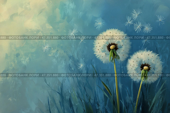 Dandelion Seeds Drifting Away in a Gentle Breeze on a Serene Blue Background. Стоковое AI-изображение, AI-художник Юлия Гапеенко / Фотобанк Лори