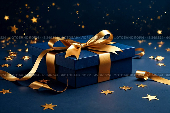 Dark blue Christmas present gift box with elegant gold bow ribbon on dark blue near stars. Greeting gift symbolize sophisticated holiday gifting. Birthday Christmas festive concept. Copy ad text space. Стоковое AI-изображение, AI-художник Aleksandr Golubev / Фотобанк Лори