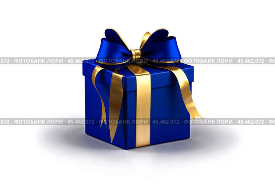 Dark blue Christmas present gift box with elegant gold bow ribbon on white background. Greeting gift symbolize sophisticated holiday gifting. Birthday Christmas festive concept. Copy ad text space. Стоковое AI-изображение, AI-художник Aleksandr Golubev / Фотобанк Лори
