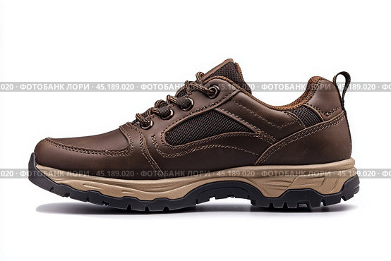 Dark brown leather lace-up running shoes with low tops, thick soles. The laces and black rubber outsole. Sporty look. Men to wear during outdoor activities, hiking. Brown shoes. Trendy Male Boots Pair. Стоковое AI-изображение, AI-художник Марина Демидюк / Фотобанк Лори