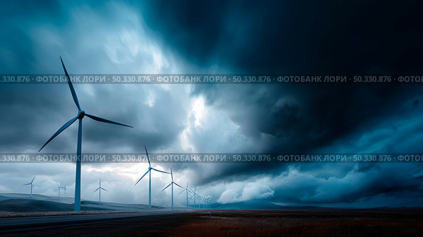 Dark shelf cloud preceding a severe thunderstorm at a wind turbine park. Beautiful thunderstorm black clouds and clouds hanging over the ground. Стоковое AI-изображение, AI-художник ALLA YURTAYEVA / Фотобанк Лори