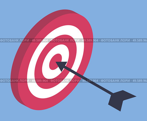 Dart arrow hitting center target, success concept vector. Market and business goal, dart game, bullseye and archery. Aim and win, dartboard and startup strategy, aiming in audience and marketology. Hitting Dart Target with Arrow, Business Success. Стоковая иллюстрация, агентство Ingram Publishing / Фотобанк Лори